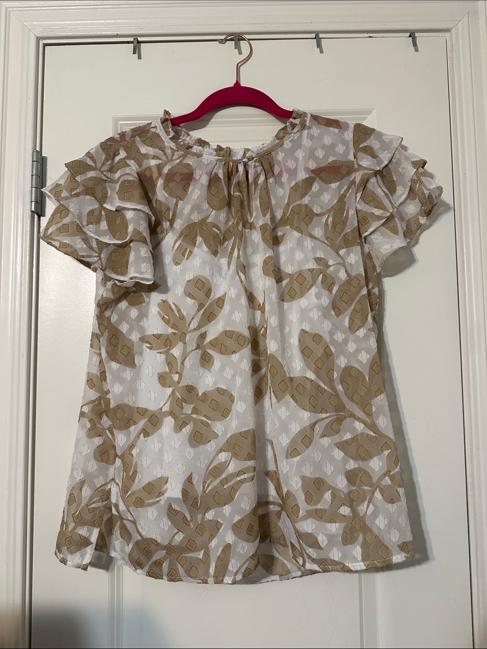 Liz Claiborne Ivory and Tan Sheer Floral Blouse